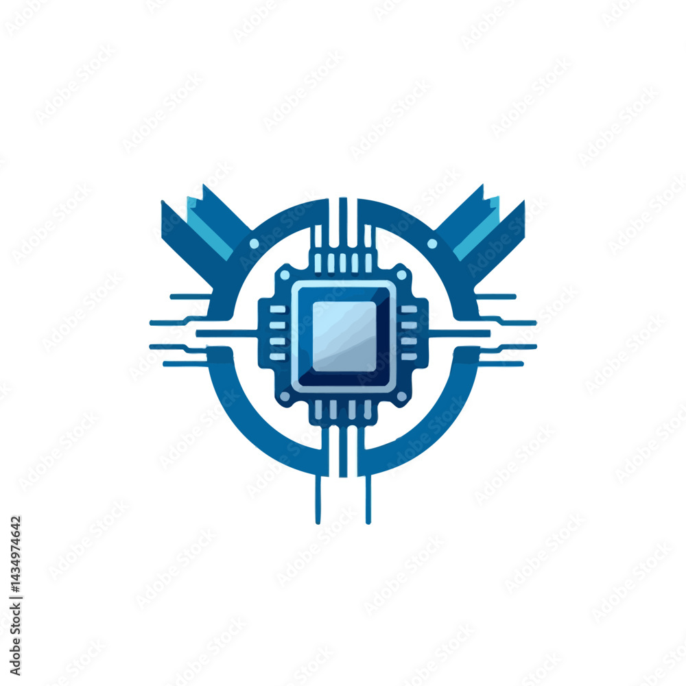 Poster blue technology circuit board cpu processor chip vector design for tech company logo and digital bra