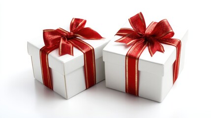 Fototapeta premium Elegant and Stylish Gift Box with Shiny Red Ribbon on Pristine White Background.