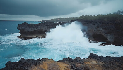 Obraz premium Dramatic ocean waves crashing against rugged coastal cliffs on a stormy day. The turquoise water contrasts beautifully with the dark volcanic rock.