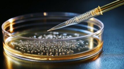 Close-up view of laboratory petri dish with liquid culture and pipette.