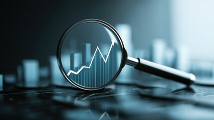 Close-up view of a magnifying glass focusing on ascending financial data.