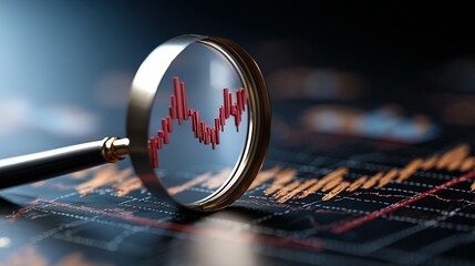 Close-up view of a magnifying glass focused on a declining trend graph.