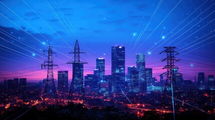 Cityscape at twilight with power lines and digital connections