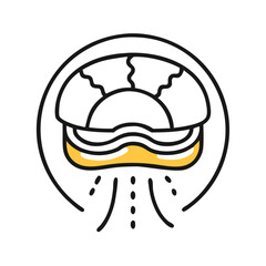 Stylized sunset above rippling golden water within black circle