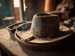 cowboy gear arrangement - leather hat, pack of cigarettes and ceramic ashtray on a weathered bar counter, soft light filtering through swinging saloon doors to a village street