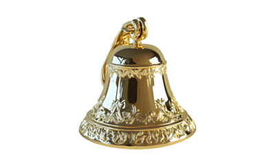 Gold bell ornament. Detailed golden bell hanging from a hook, showcasing intricate floral patterns