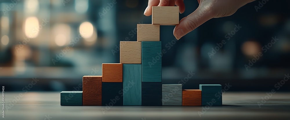 Poster hand adding wooden block to a colorful block structure on a blurred background