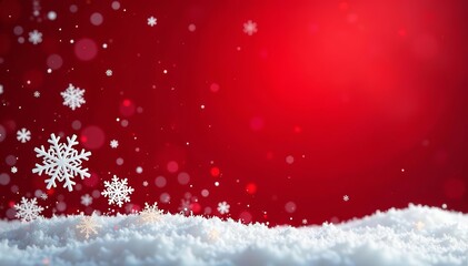 Elegant white snowflakes falling gracefully on rich red backdrop, snow, seasonal