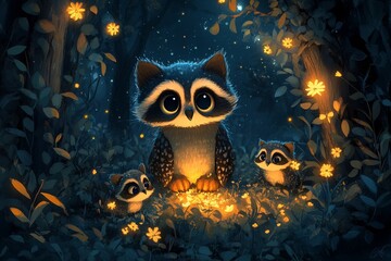 Fototapeta premium Raccoon family glows in dark forest, magical night scene, children's book illustration