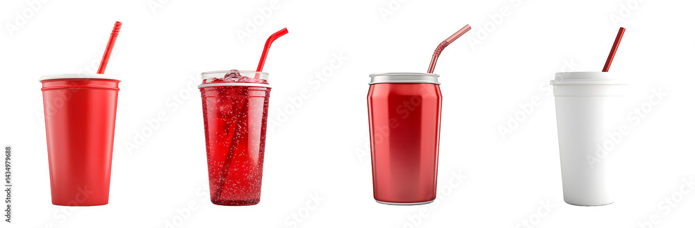 Poster set of different beverage containers filled with a red liquid and ice, isolated on transparent backg