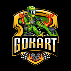 Kart sport racing, green color with a man driver emblem from side view logo cartoon illustration for poster, t-shirt print, business element, social media content, blog, sticker, vlog, and card