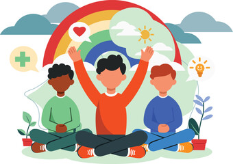 Diverse Group People Practice Mental Wellness Flat Vector Illustration Showing Happiness Community Support