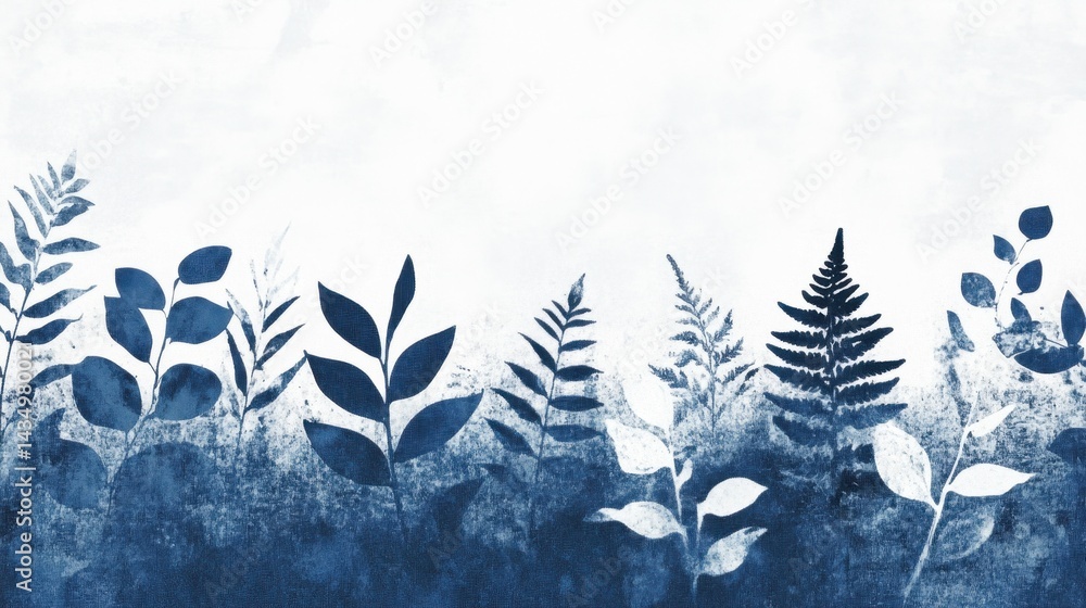 Poster this abstract botanical background features a blend of blue and white leaf patterns, creating a sere