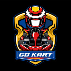 Kart sport racing, red color with a helmet driver from front view emblem logo cartoon illustration for poster, t-shirt print, business element, social media content, blog, sticker, vlog, and card