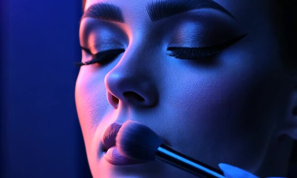 Close-up of a woman's face with dramatic makeup application in a vibrant, colorful setting