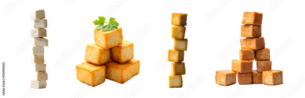 Aufkleber set of crispy and soft tofu cubes stacked in creative towers isolated on transparent background
