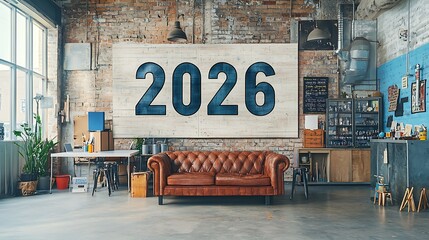 Interior scene, 2026 year on wall above leather couch in loft-style room