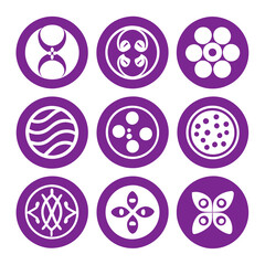 Collection of nine purple circular Japanese inspired emblems