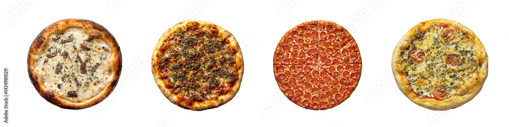 Poster set of assorted pizza with different toppings, isolated on transparent background