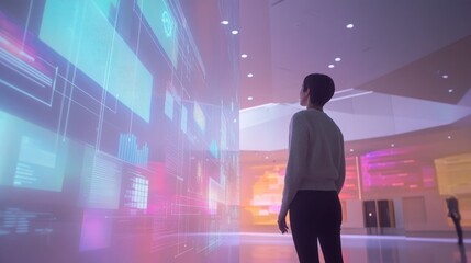 Modern woman gazes at interactive holographic wall displaying data visualizations in futuristic interior