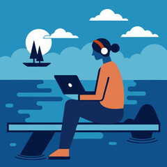 Freelancer Sitting on Dock Over Water with Laptop Vector Silhouette on White Background