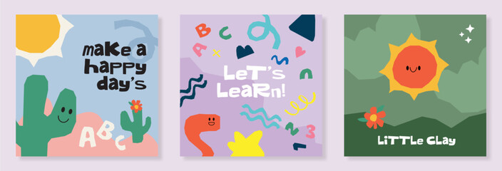 Happy Children, Trendy design with organic abstract elements, hand-painted children's illustrations, cactus, sun, and nature in vibrant colors. Modern cute style. Vertical poster or greeting card.