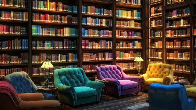 Cozy library with colorful armchairs