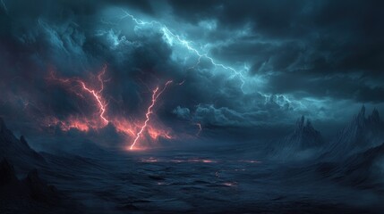 Epic stormy landscape with vibrant lightning