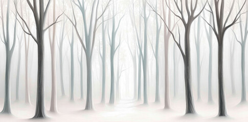 Serene abstract painting of misty forest with tall, slender trees and soft, ethereal background. atmosphere evokes sense of calm and tranquility