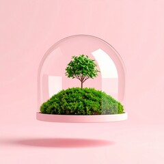  淡いピンクの背景に浮かぶガラスドームの中の小さな苔テラリウム
