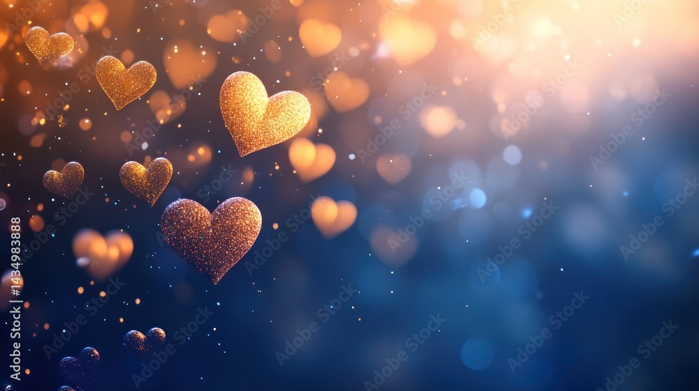 Poster golden hearts float in a soft, warm light against a backdrop of bokeh