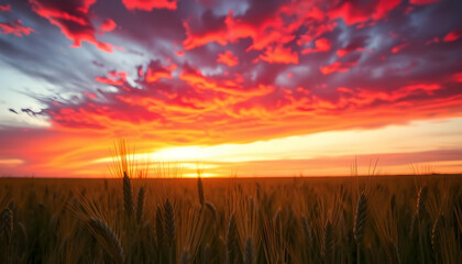 Golden Wheat Field At Dramatic Red Sunset