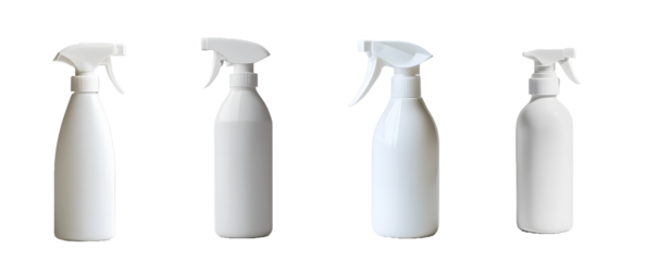 Set of empty white plastic spray bottles with pump tops, isolated on transparent background