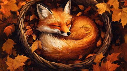 A fox curled up on a mossy rock, surrounded by soft golden light