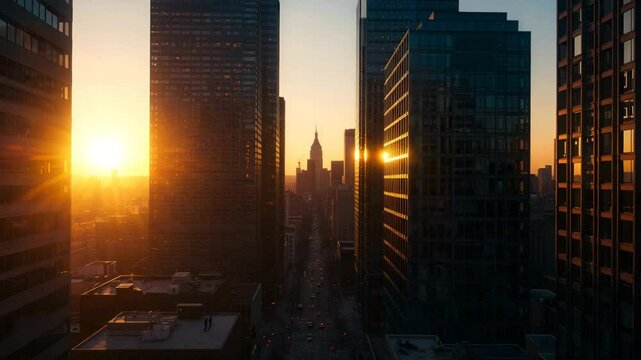Sunrise cityscape highrise buildings urban scene