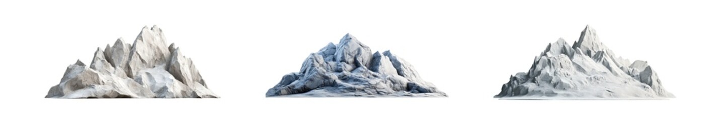 Set of stylized mountain ranges, in various stages of elevation, isolated on transparent background