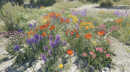 Vibrant wildflowers blooming in a sun-drenched meadow. A colorful array of poppies, daisies, and lavender create a stunning natural scene.
