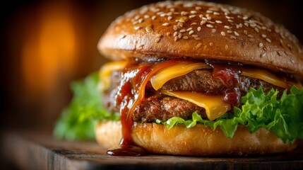 double cheeseburger with bbq sauce on wooden board