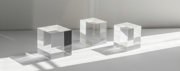 Obraz premium Three transparent cubes casting shadows on a surface, illuminated by sunlight, creating a minimalist and modern aesthetic.