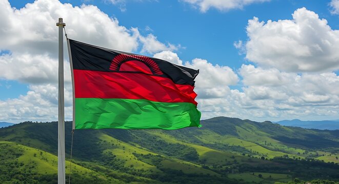 Majestic Malawi flag waving over lush rolling hills against a vibrant sky
