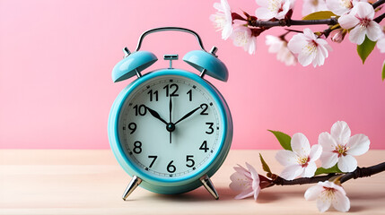 Alarm clock with cherry blossoms, switch to daylight saving time in spring, summer time changeover - ai