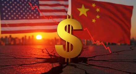 A 3D rendered golden dollar sign falling into a deep crack in the ground, background showing a stock market chart plummeting, American and Chinese flags blending in the background