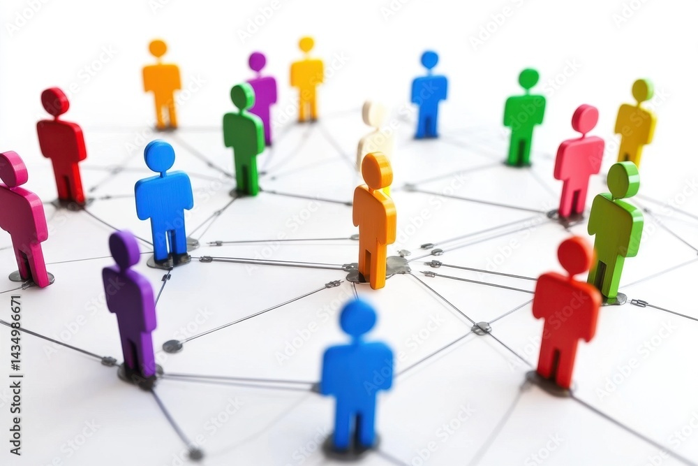 Poster colorful icons of people stand connected in a network diagram, representing teamwork and collaborati
