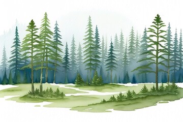 pine forest lancscape watercolor digital painting, white background