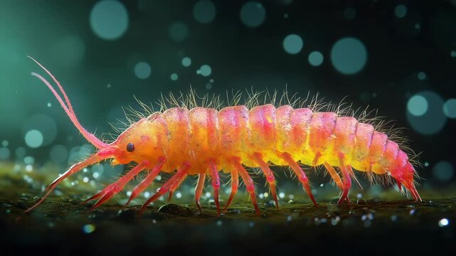 Detailed close-up of an orange and yellow springtail walking on a textured surface, vibrant macro photography showcasing intricate details and textures.