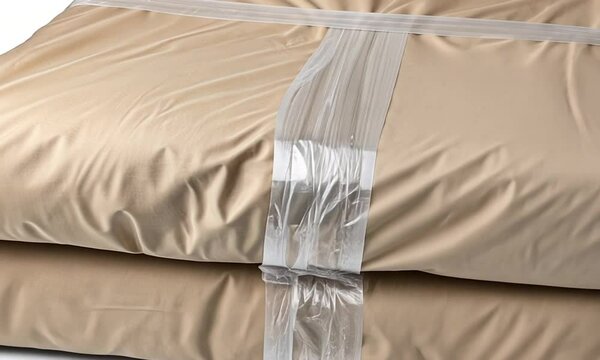 Close-up of soft beige bedding stacked with protective wrapping.