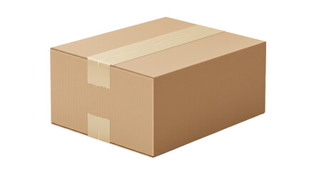 A closed rectangular cardboard box sealed with tape on a black background in a studio shot