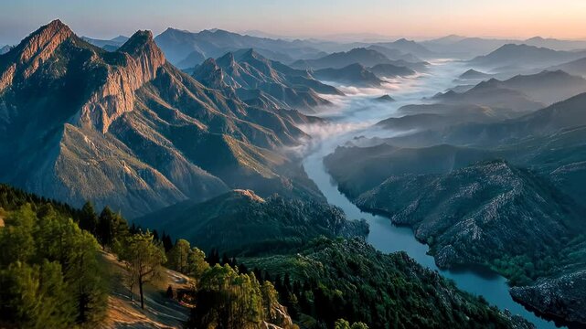 Mountain range and valley at sunrise