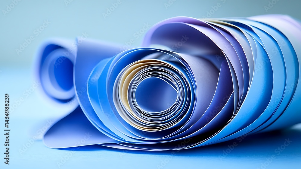 Poster elegant blue paper scrolls forming abstract shapes with depth and texture