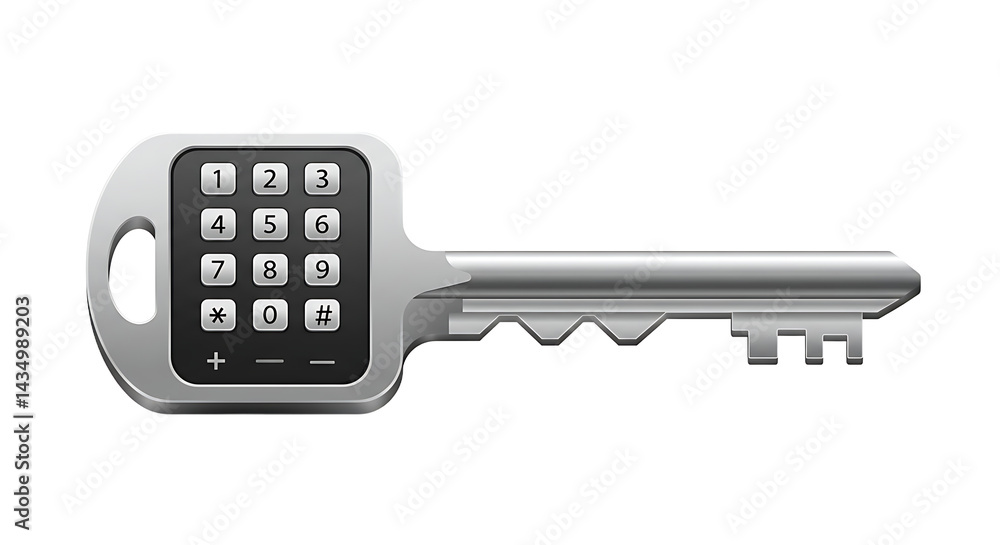Poster a silver key with a keypad on the head featuring numbers and symbols on a black background design 10